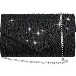 Women Black Imported Magnetic Purse Rhinestone Envelope Party Handbag